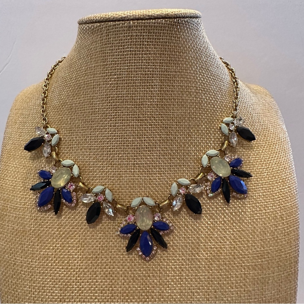 J. CREW Statement Necklace gold tone w/ jewels ~ black, blue, green & clear
